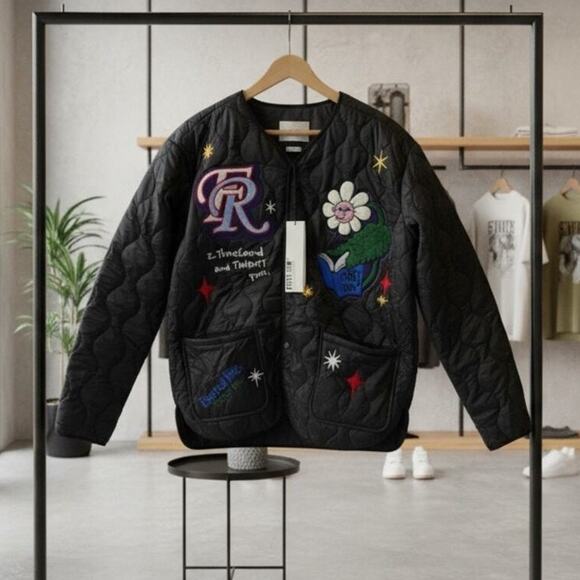 First Row Denim Sunshine Black Quilted Jacket Small Streetwear Bomber NWT - Picture 1 of 12